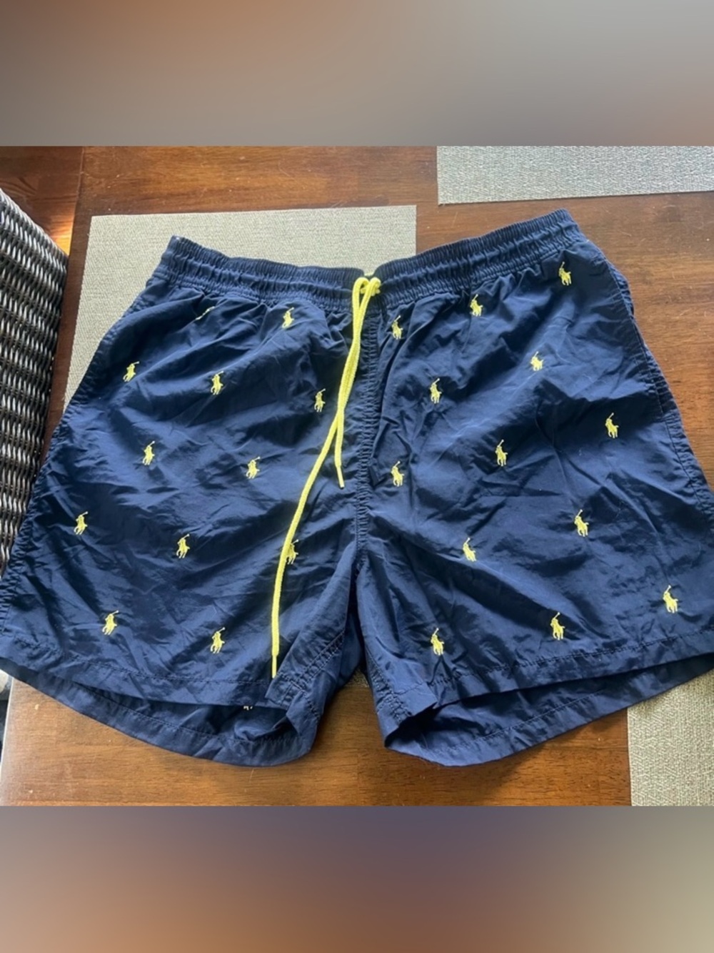 Vintage 90’s Men’s Ralph Lauren swimming shorts navy blue yellow embroidered
